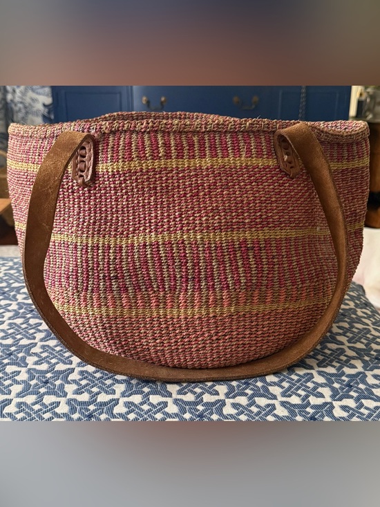 Handbags - Vintage Handwoven Sisal Market Tote Pink Natural Leather Handles Boho Basket Bag